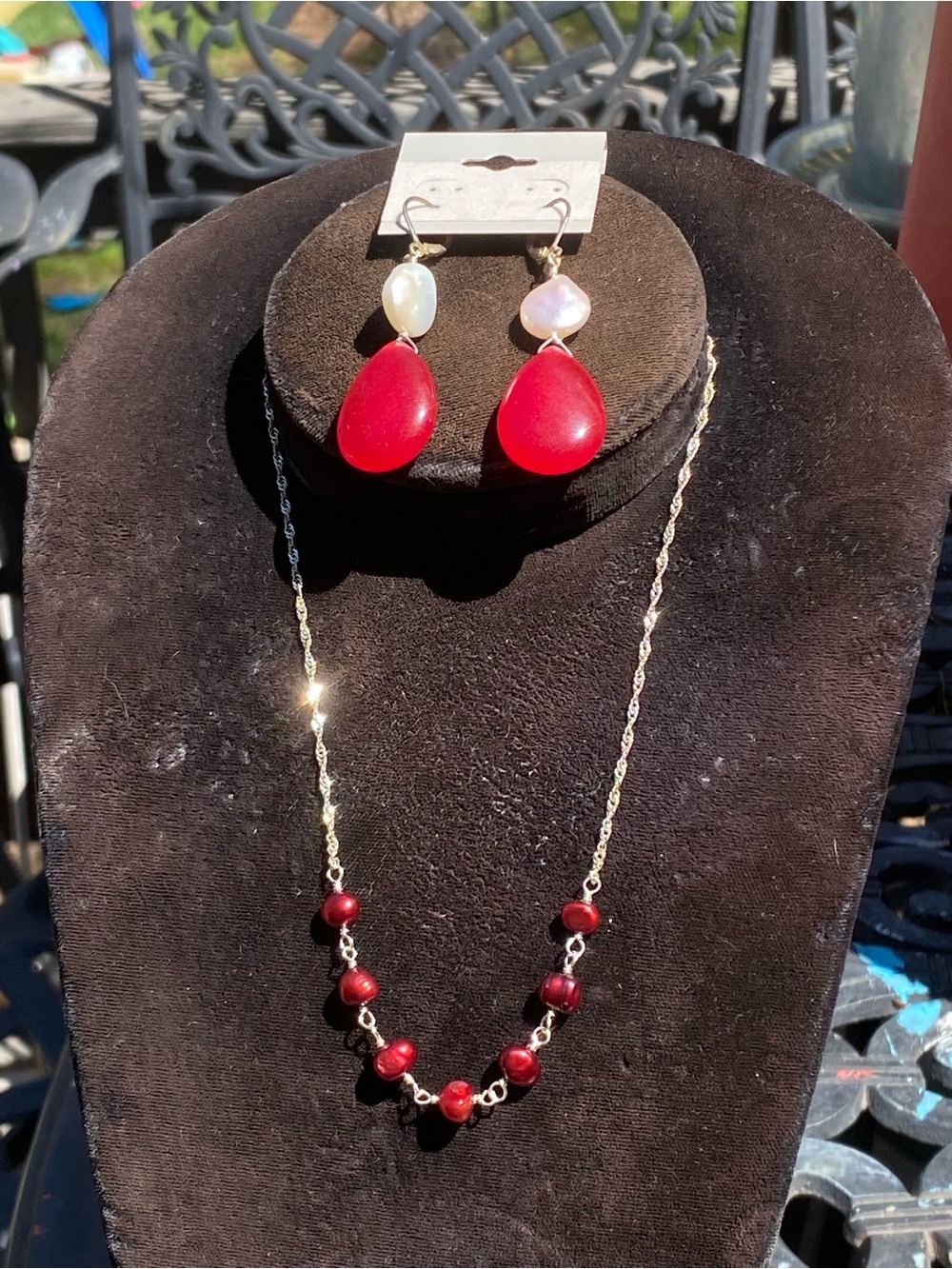 Cranberry Red Pearl Necklace & Earring Set Pearls and Sterling Silver